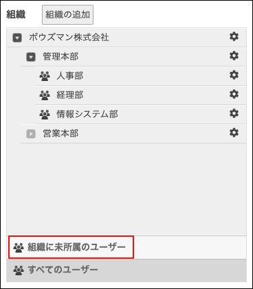 スクリーンショット：［組織に未所属のユーザー］のリンクが枠線で強調された［組織とユーザーの設定］画面