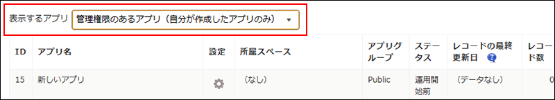 スクリーンショット：［管理権限のあるアプリ（自分が作成したアプリのみ）］に設定した［表示するアプリ］が強調されている