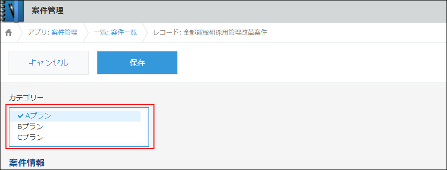 スクリーンショット:レコードの編集画面でカテゴリーの選択肢に赤枠が付いている状態