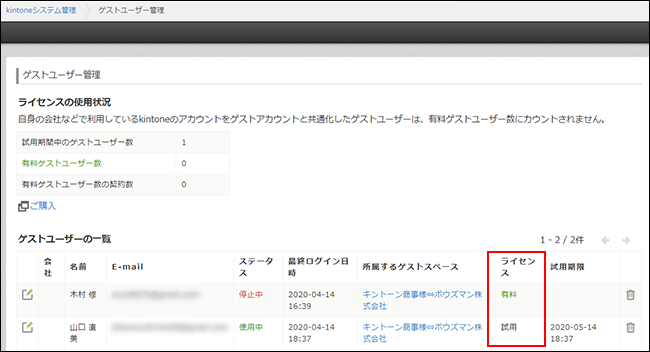 スクリーンショット:ゲストユーザーのライセンス表示の画面