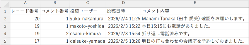 スクリーンショット:レコードコメントの各項目の値が出力されている