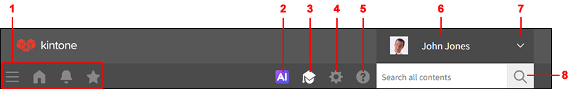 Screenshot: Parts of the top of the screen labeled from 1 to 7