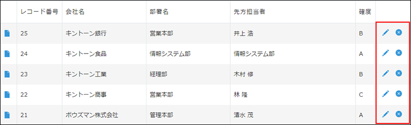 スクリーンショット：［編集する］アイコンと［削除する］アイコンが表示された［レコードの一覧］画面
