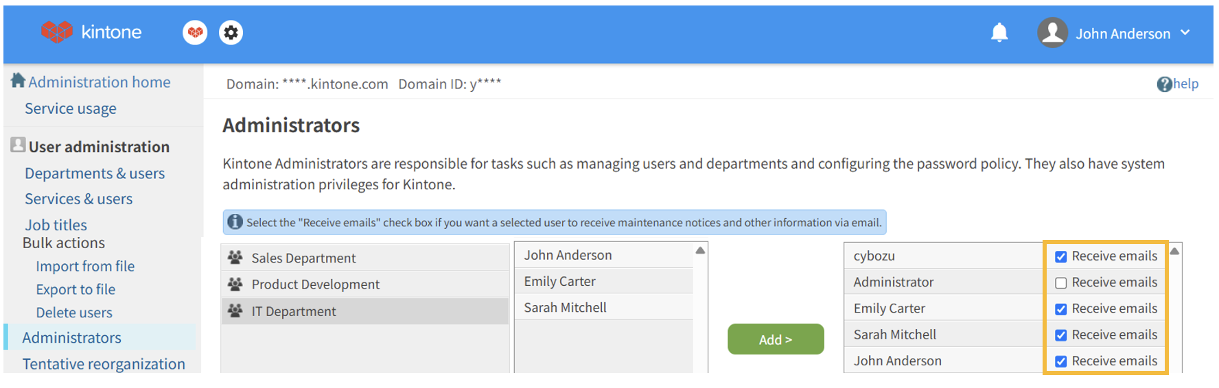 The Administrators screen in Users & system administration, with the Receive emails column in the administrator list outlined in orange