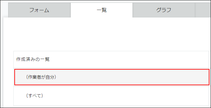 スクリーンショット：［一覧］タブの［作成済みの一覧］で［（作業者が自分）］が枠線で強調されている