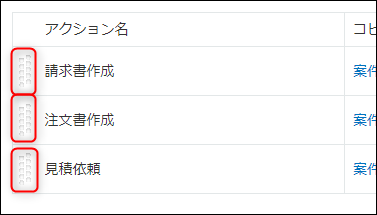 スクリーンショット:アクションの並び替えアイコンを枠線で強調している