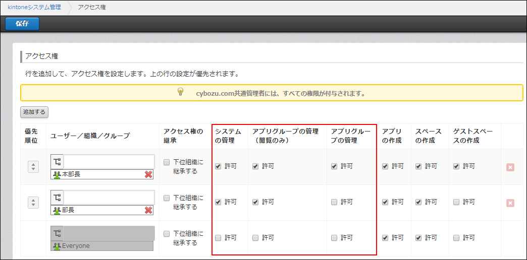 スクリーンショット:アクセス権を設定する画面
