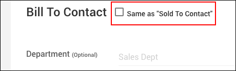 スクリーンショット：［Same as "Sold To Contact］の選択を外し、Bill To Contactを入力するセクションが表示されている